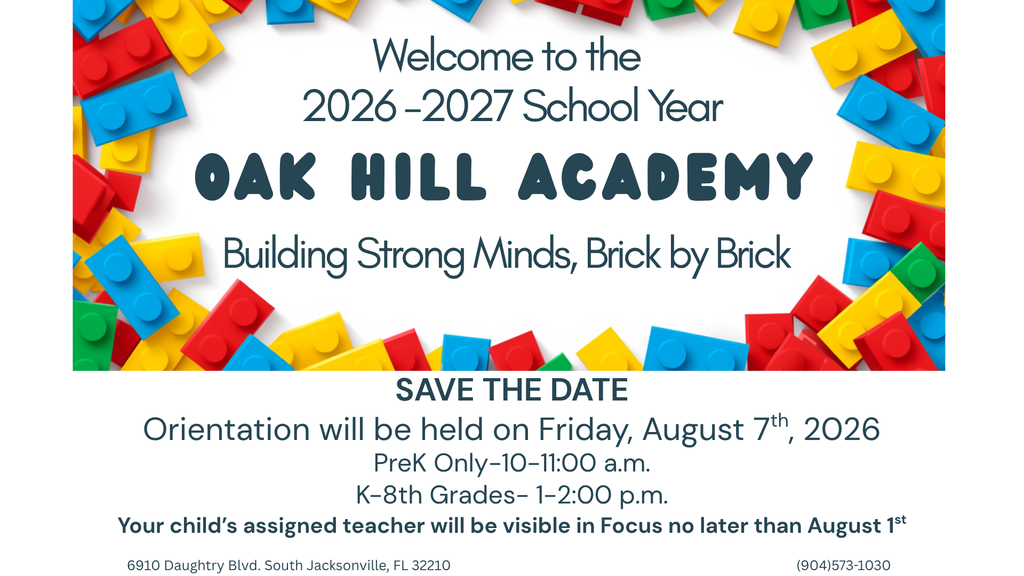 A colorful, vibrant flyer for Oak Hill Academy's 2026-2027 school year, featuring a border of multicolored Lego blocks.