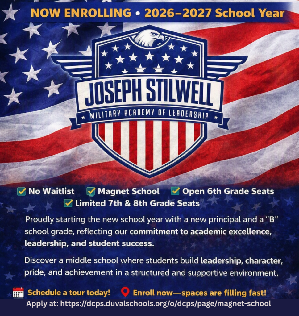 A banner featuring an eagle and shield over a flag. The text reads "Joseph Stilwell Military Academy of Leadership."