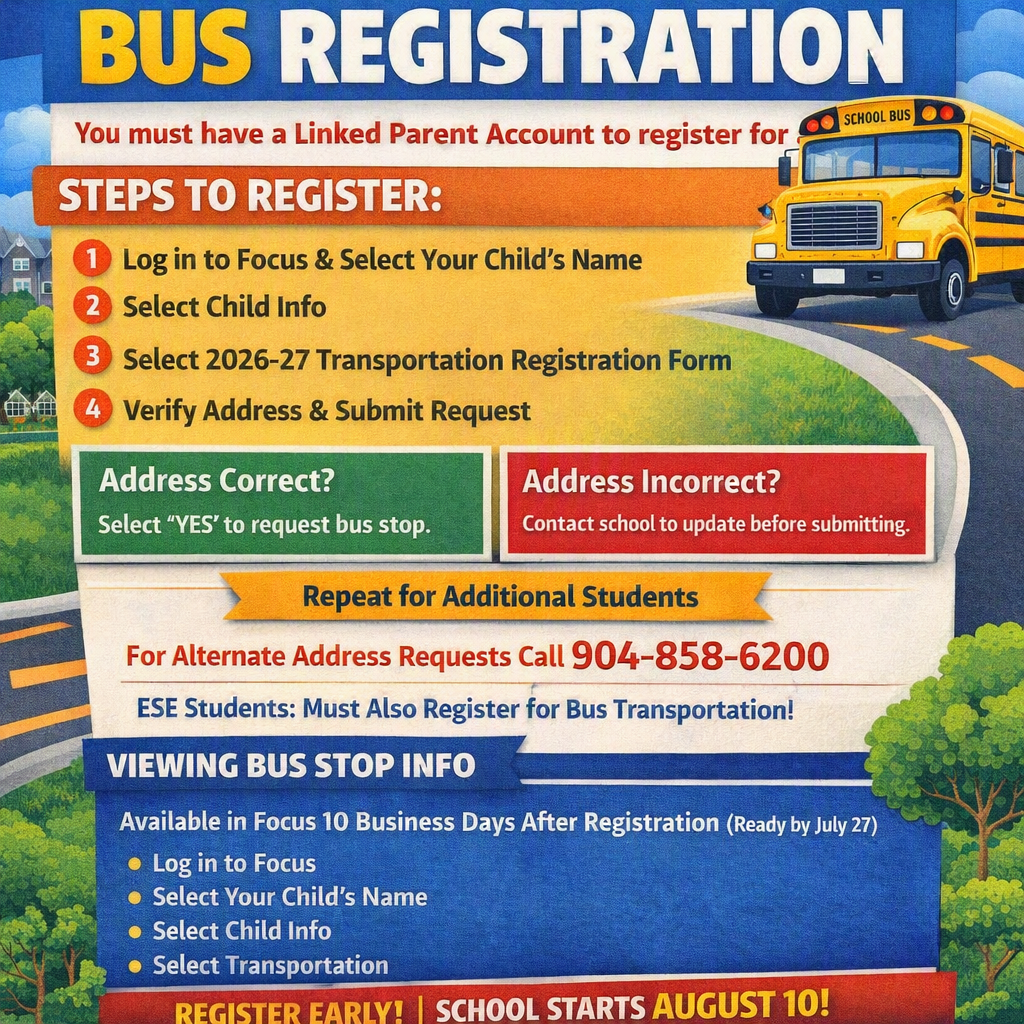 A school bus registration form details steps, including logging in, selecting a child's name, and verifying address.