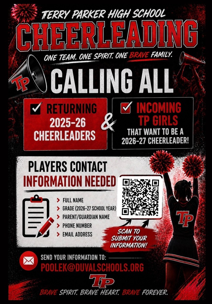 A flyer for Terry Parker High School cheerleading. It includes sections for returning and incoming cheerleaders. QR code for information.