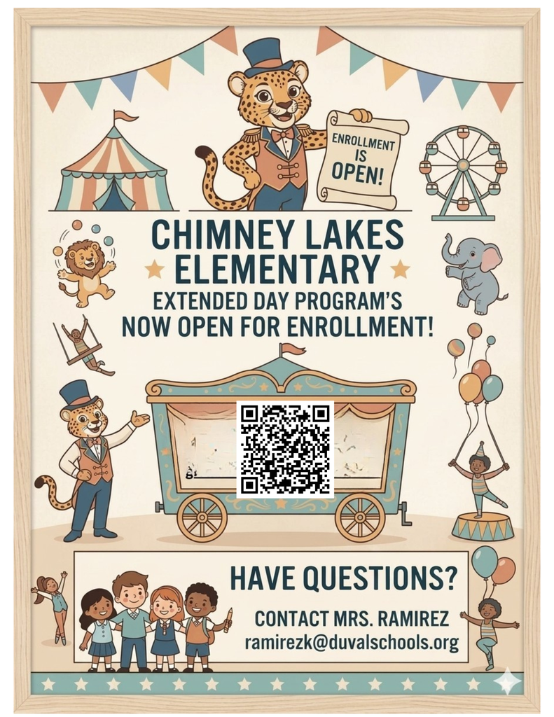 A colorful flyer with a carnival theme, featuring animals, a carousel, and a tent. It advertises the Chimney Lakes Elementary Extended Day Program's enrollment.