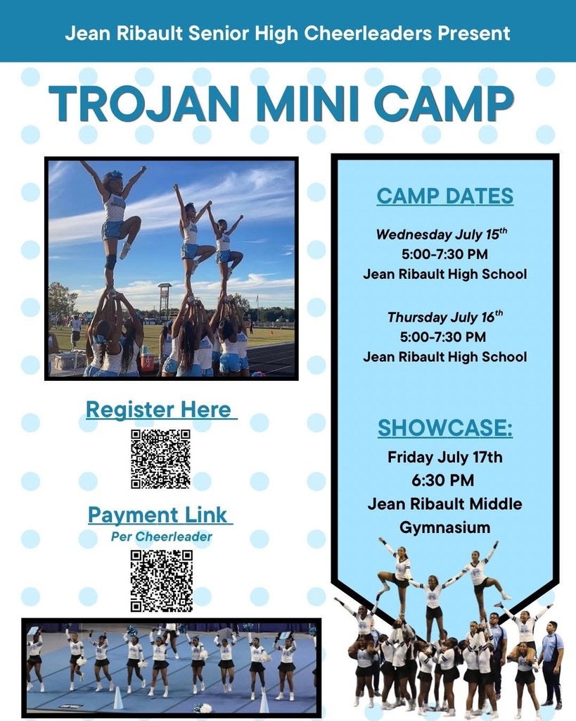 Poster with the title "TROJAN MINI CAMP" and three pictures of cheerleaders. Details of the camp dates and showcase are listed.