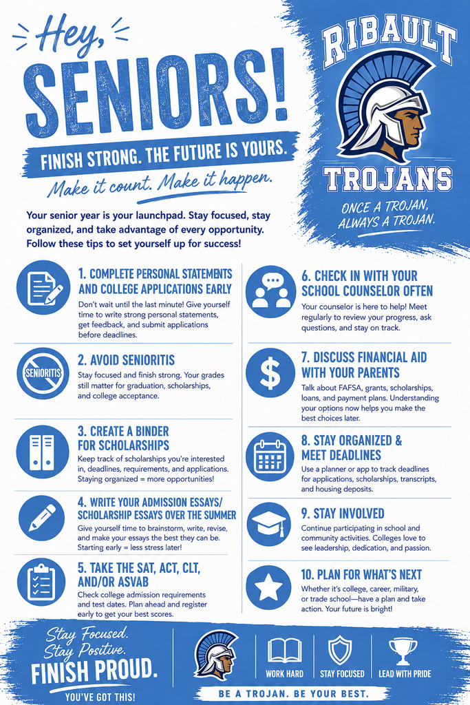 Blue and white poster with a helmet logo, "Ribaut Trojans" text, and a checklist for high school seniors.