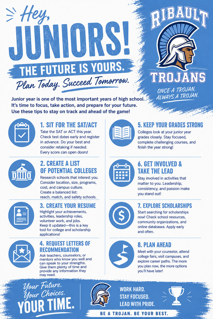 Blue and white layout with text and icons on a white background. Title "Hey Juniors! The future is yours." Lists eight steps for high school success.