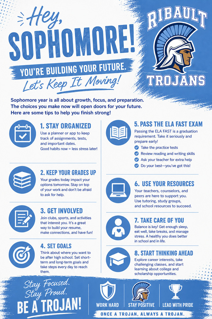 Blue background with white text and illustrations. 8 tips for sophomores with icons. "Hey, Sophomore!" at the top. "You're Building Your Future!" below.