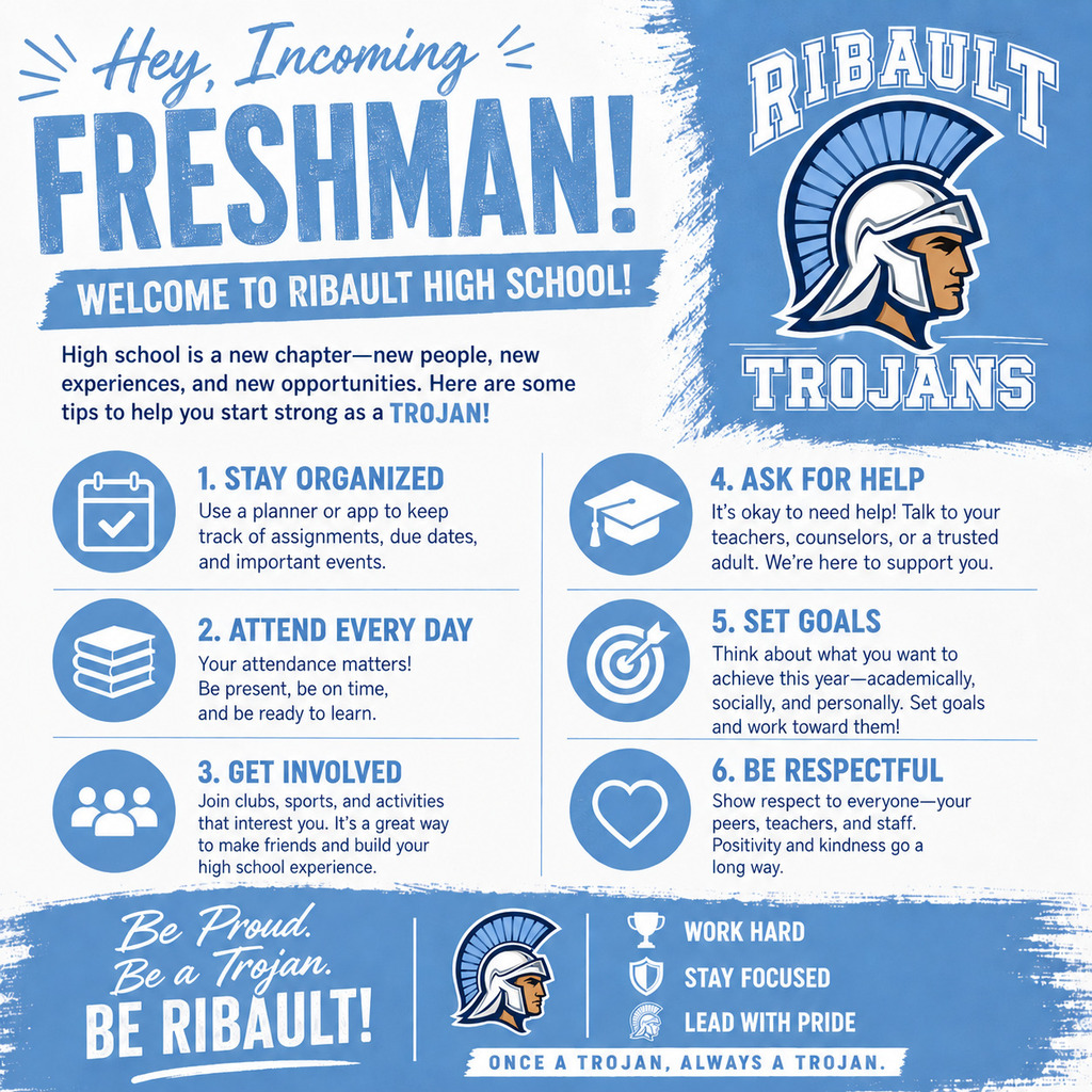 An advertisement for high school freshmen includes a helmet graphic, tips, and the school's mascot.