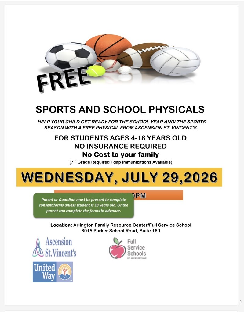 Sports physicals, FREE backpacks and so much MORE! See flyers for details and information. GREAT Thanks to FSS of North Florida for their continued sponsorship to our families and community!