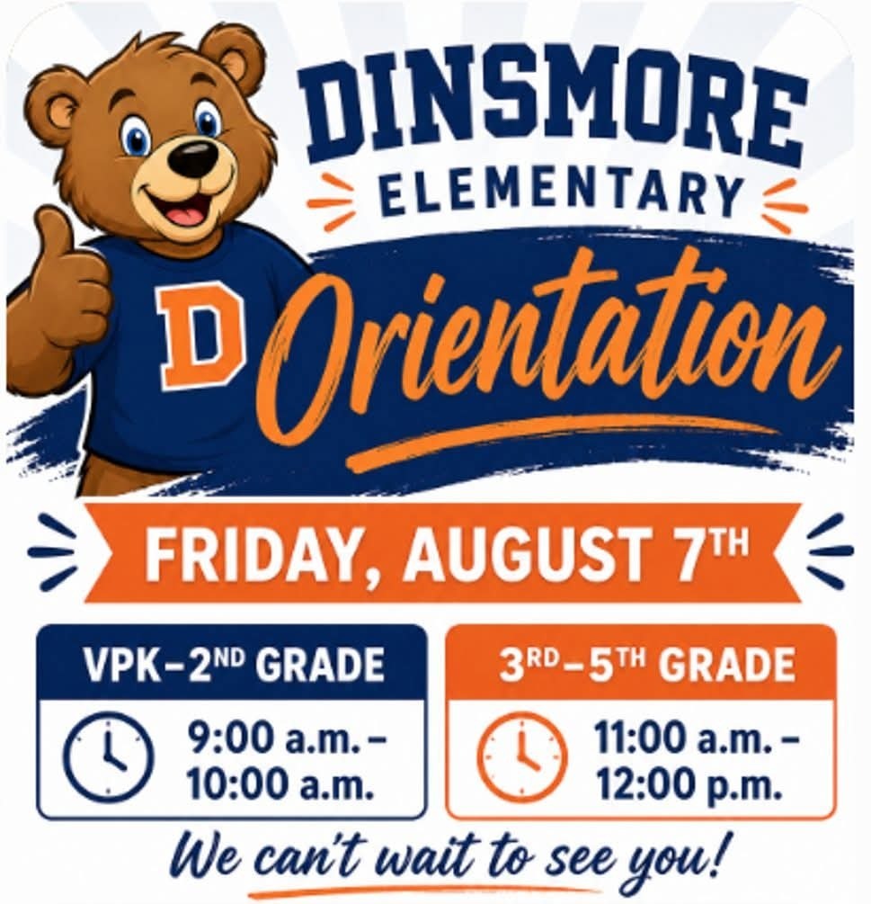 Blue and orange graphic with a bear wearing a D shirt. Times listed for VPK-2nd grade and 3rd-5th grade.