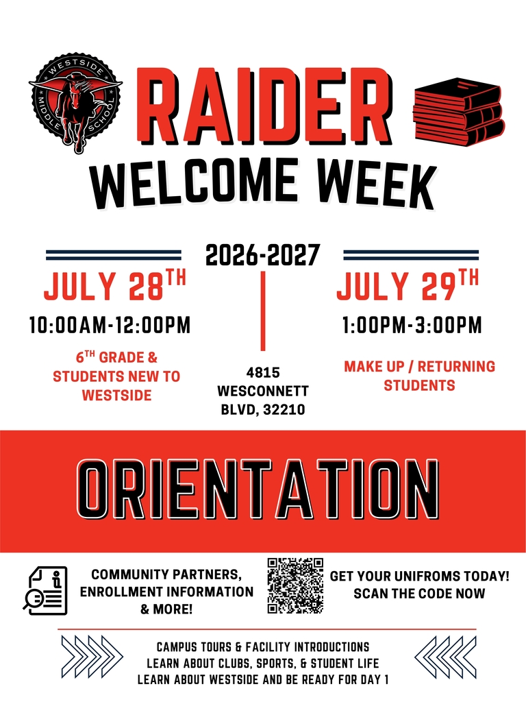 Flyer with red and white background. The header reads "Raider Welcome Week 2026-2027". Date, time, and location details. QR code and text.