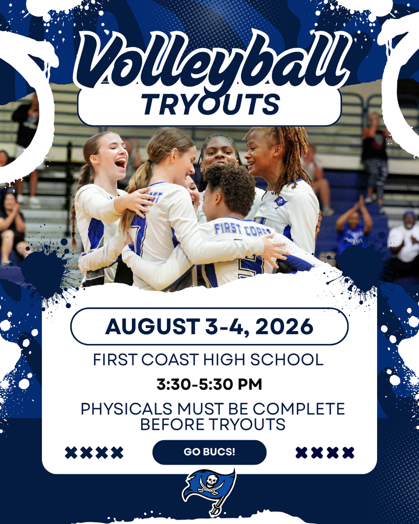 Blue and white flyer for volleyball tryouts. It reads "Volleyball Tryouts" at the top, and "August 3-4, 2026" below.