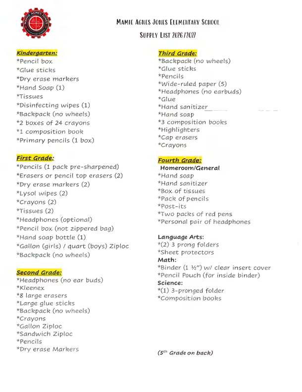 School Supply List for Kindergarten through 4th grade classes.