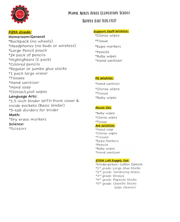 School Supply List for 5th grade, support staff, and resource teachers.