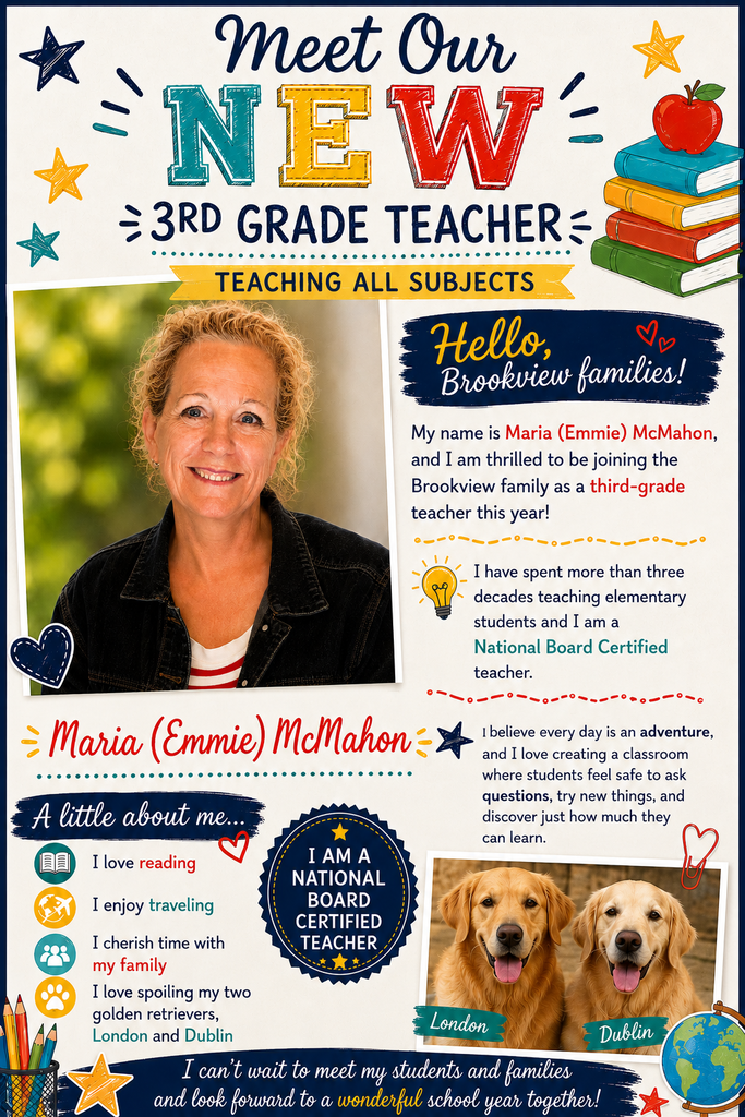 A flyer introduces a new 3rd grade teacher, Maria (Emmie) McMahon, with a photo and text. Background features stars, a heart, and books.