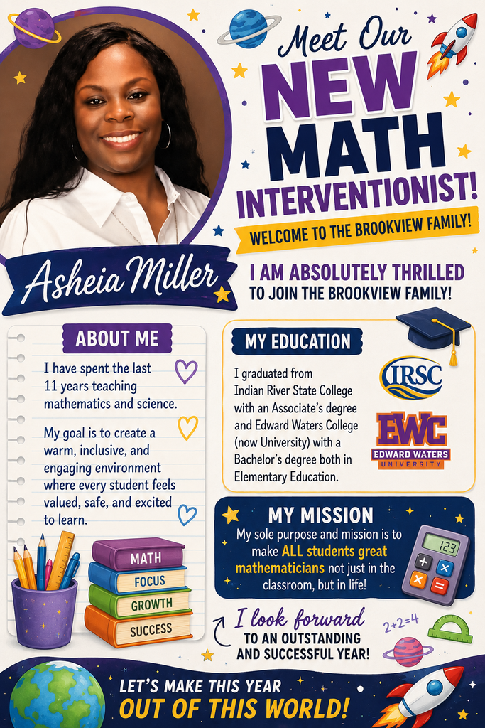 An infographic introducing Asheia Miller, a new math interventionist, highlighting her background, education, and mission.