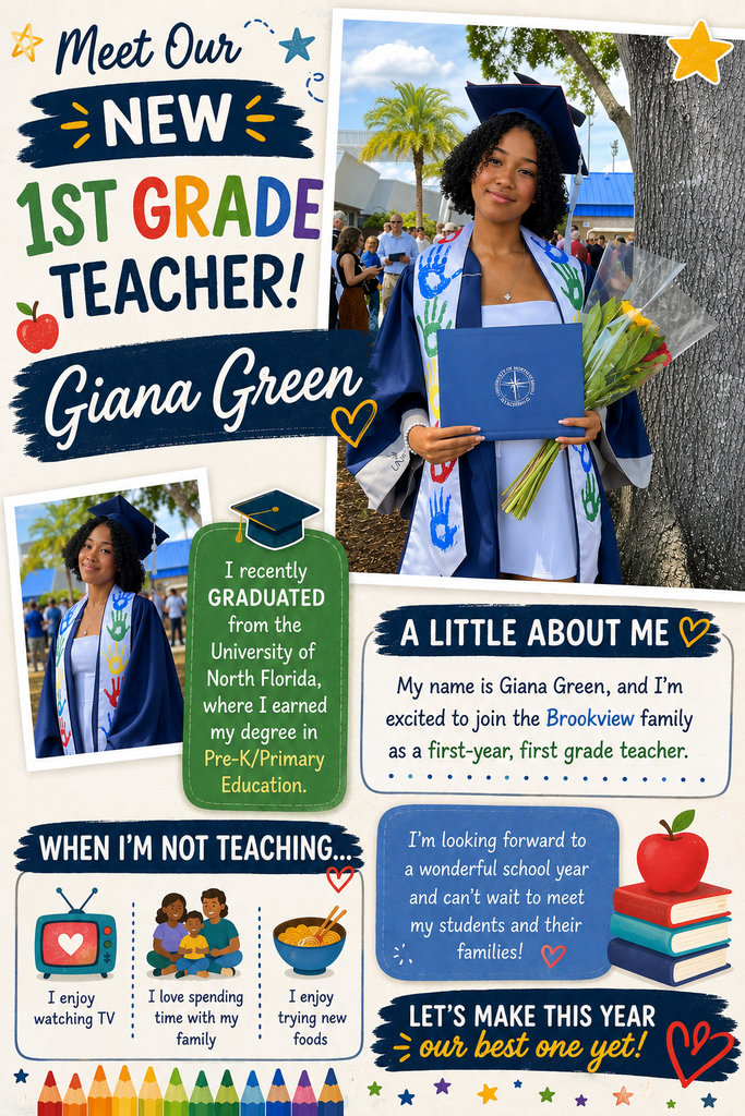 A collage of images presents a teacher, Giana Green, holding a diploma. Sections include personal details and hobbies.