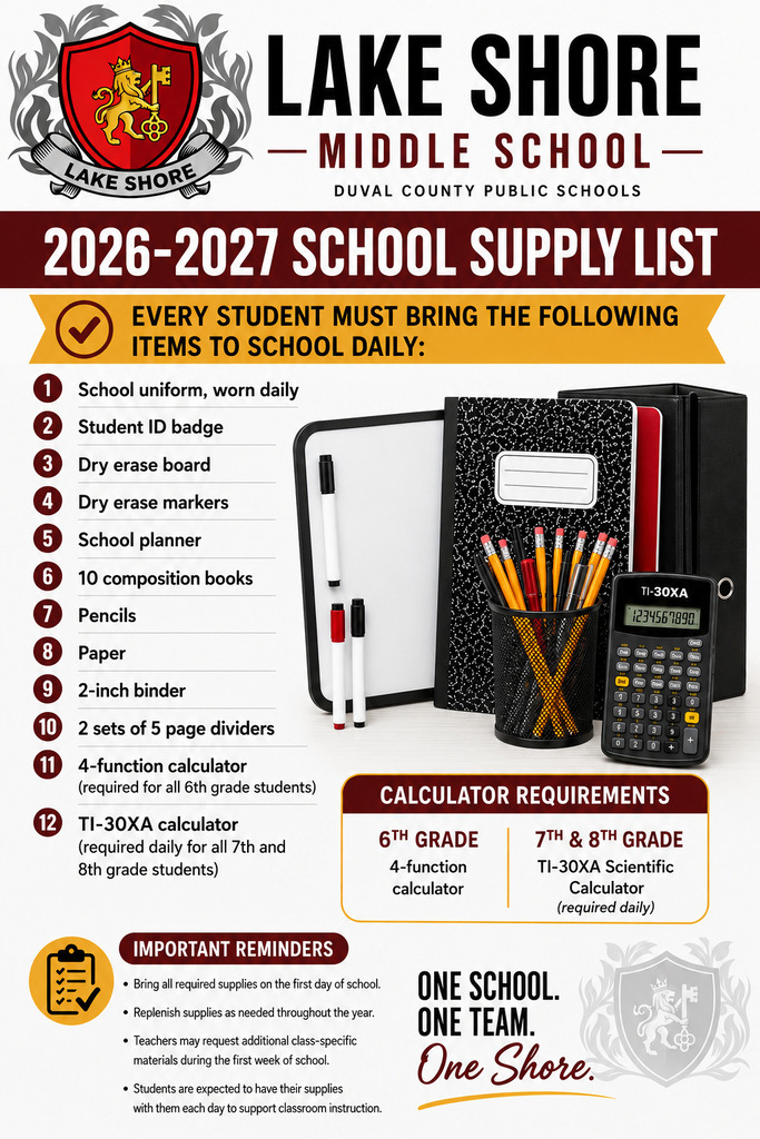 Lake Shore Middle 2026-2027 School Supply List