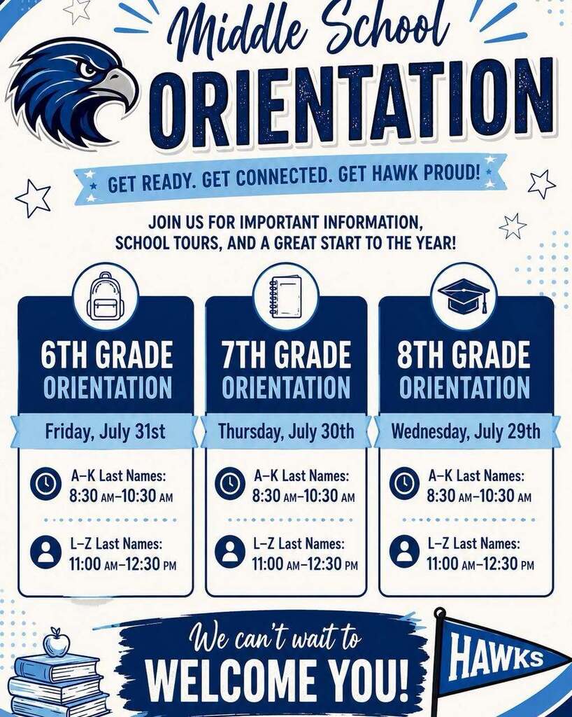 Poster for middle school orientation includes schedules for 6th, 7th, and 8th grades. Dates, times, and locations are listed.
