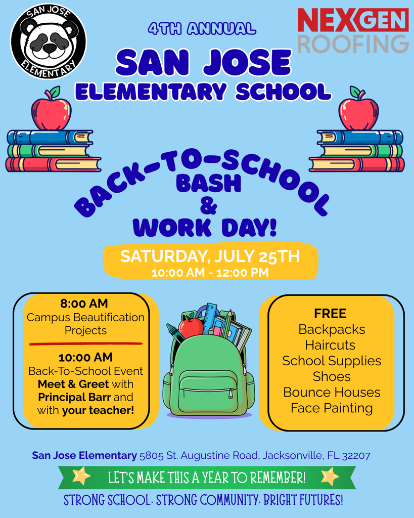 Blue background with text and illustrations. Event is titled "Back-to-School Bash & Work Day." Details include date, time, and activities.