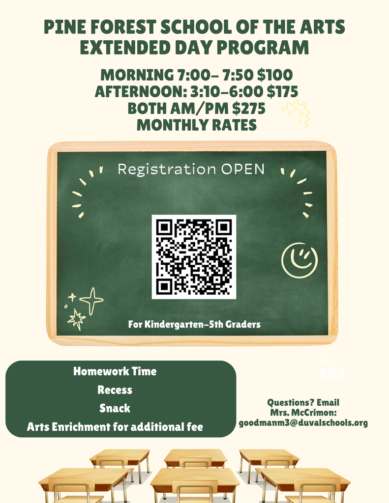 Poster with a blackboard featuring a QR code, registration information for Pine Forest School of the Arts. Below, desks and chairs are displayed.