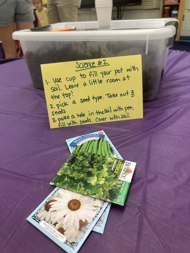 An activity card that says "Science #2: 1. use cup to fill your pot with soil. Leave a little room at the top! 2. pick a seed type. take out 3 seeds. 3. poke a hole in the sole with a pen, fill with seeds. cover with soil.