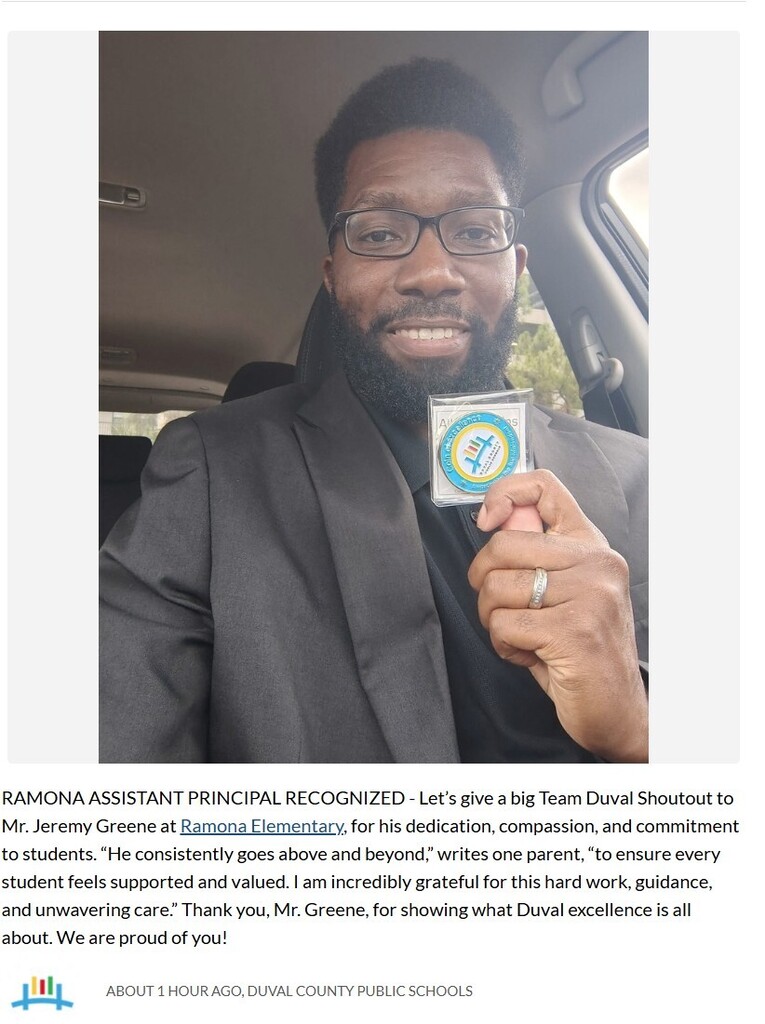 The picture celebrates the assistant principal of Ramona Boulevard Elementary for going above and beyond. 