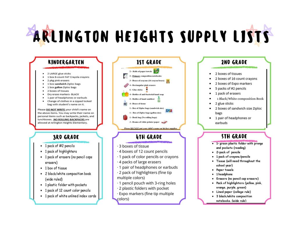 Arlington Heights Supply Lists for K-5th Grades