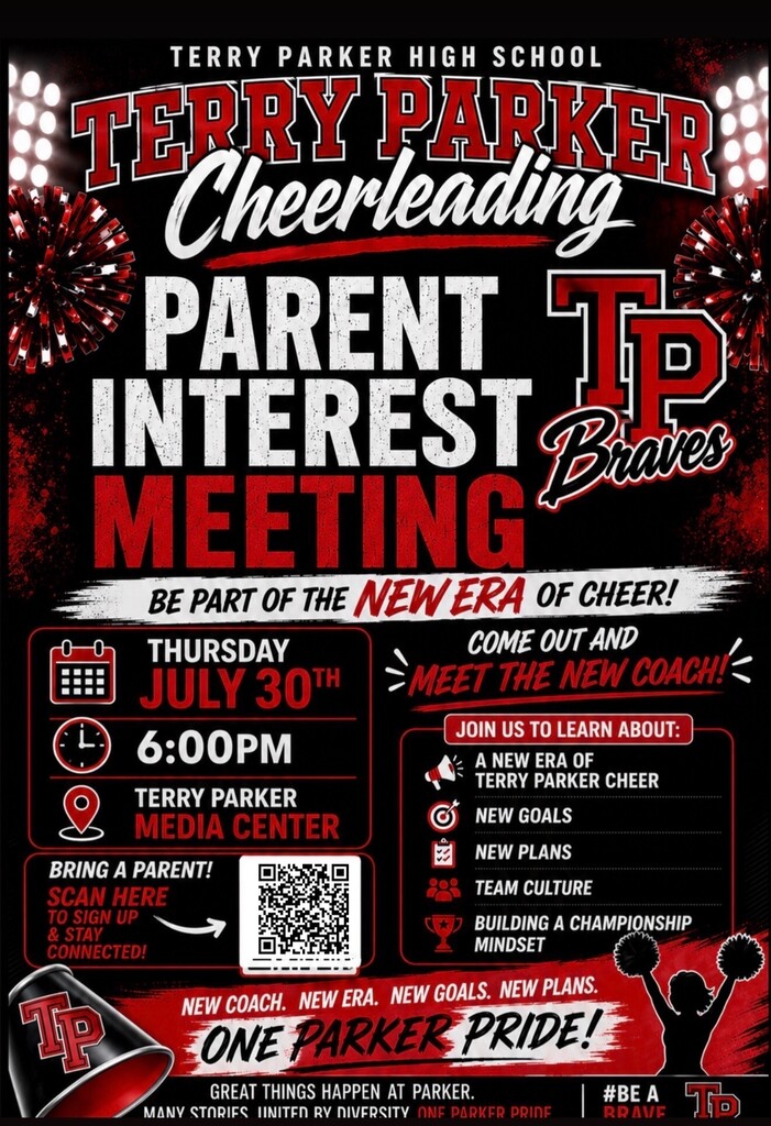 Poster with a black and red background. Text reads "TERRY PARKER CHEERLEADING PARENT INTEREST MEETING." Date, time, and location are listed. QR code for registration.