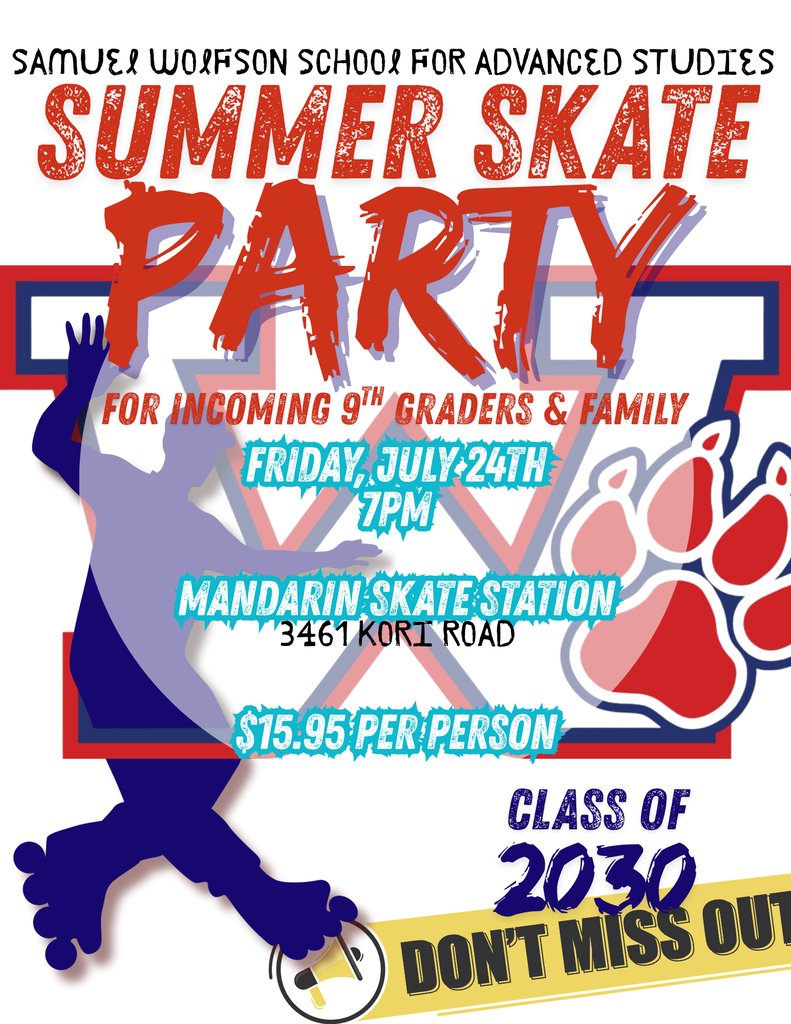 A flyer for the Summer Skate Party for incoming 9th graders and family. It includes details such as the date, time, location, and cost.