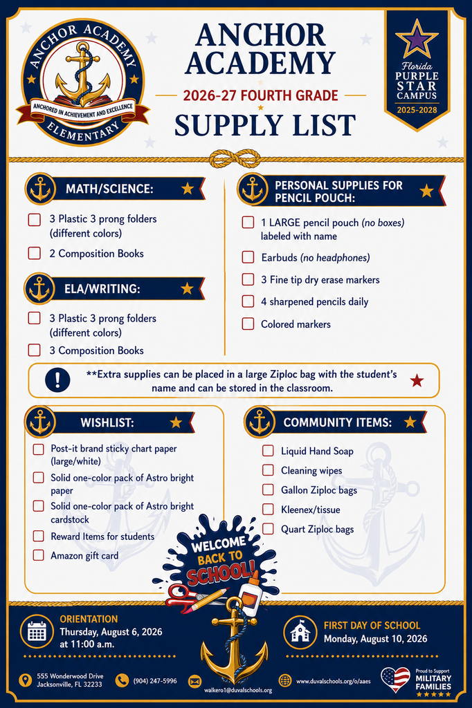 4th grade Supply list 26-27