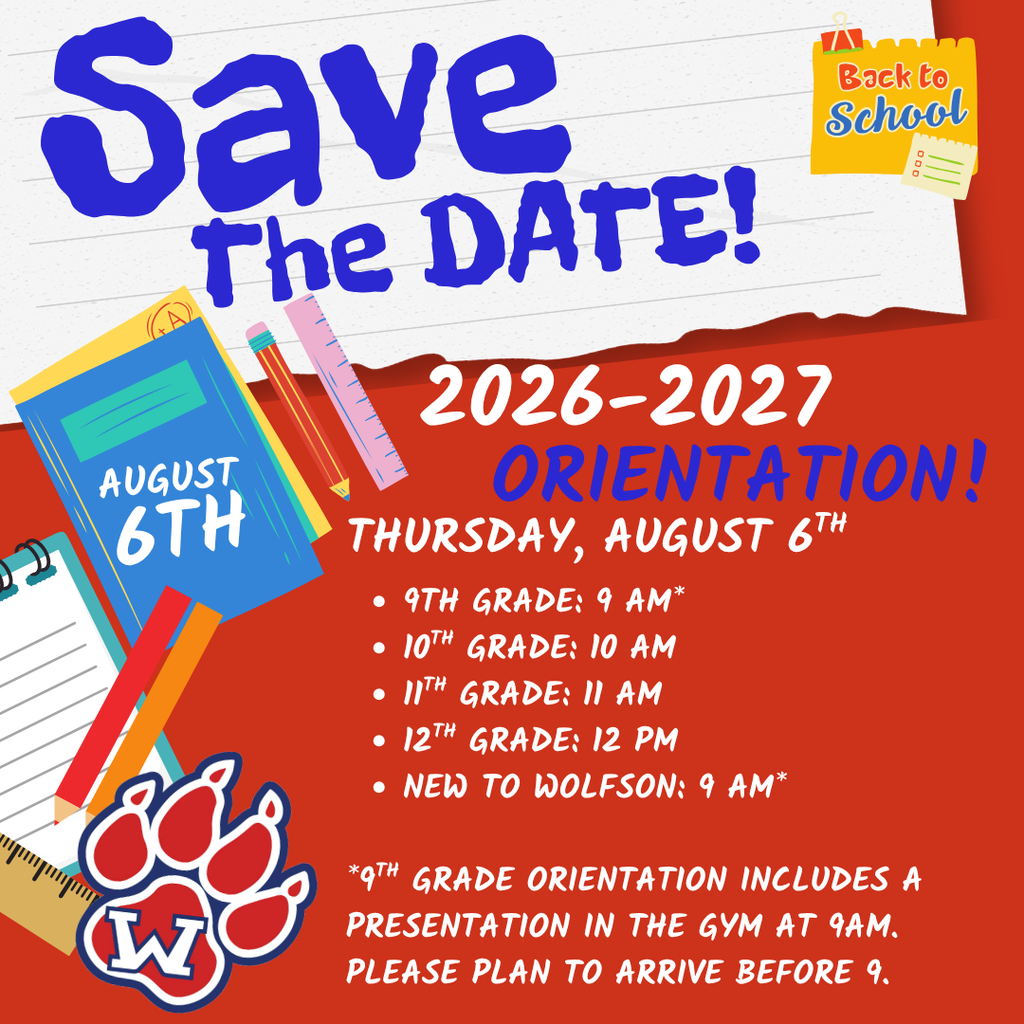 An orientation schedule on a red background for grades 9-12, and new students on August 6th.