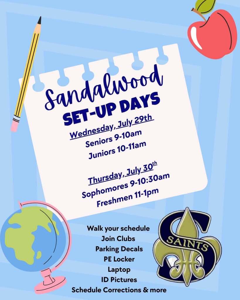 An advertisement for Sandalwood Set-Up Days with dates and times for different classes, a pencil, apple, and globe.