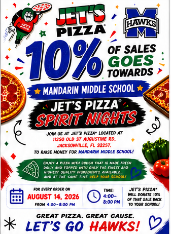 Poster for Jet's Pizza event. It shows pizza and vegetables. 10% of sales goes to Mandarin Middle School.