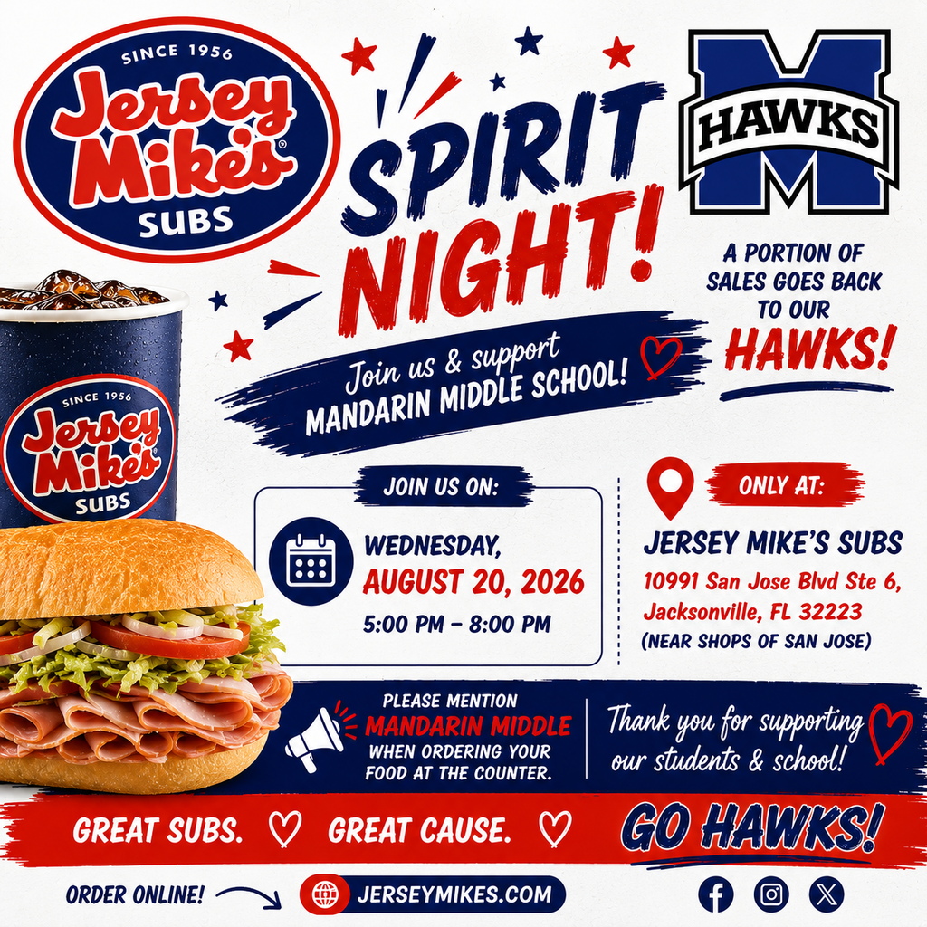 Sandwich and drink with Jersey Mike's logo. Text: "Spirit Night! Wednesday, August 20, 2026". Event at Mandarin Middle School.