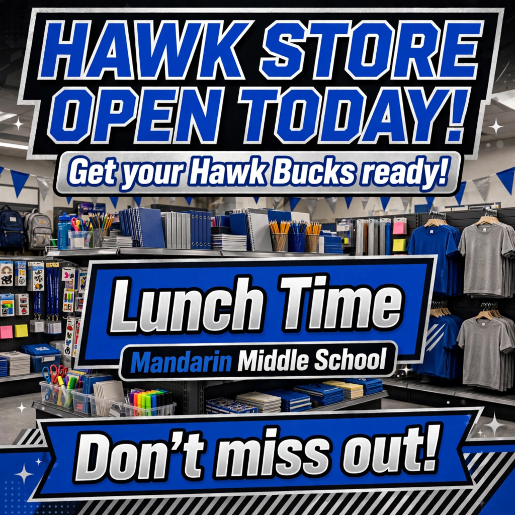 Store display with blue text, white text, and blue-and-white striped ribbon. Displays items such as school supplies, shirts, and backpacks.