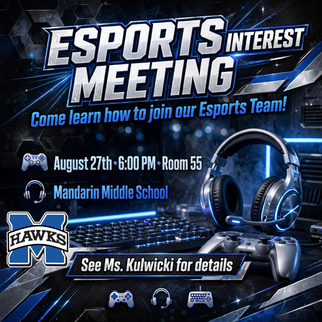 An esports meeting announcement with a gaming headset, keyboard, and controller. Event details include date, time, and location.
