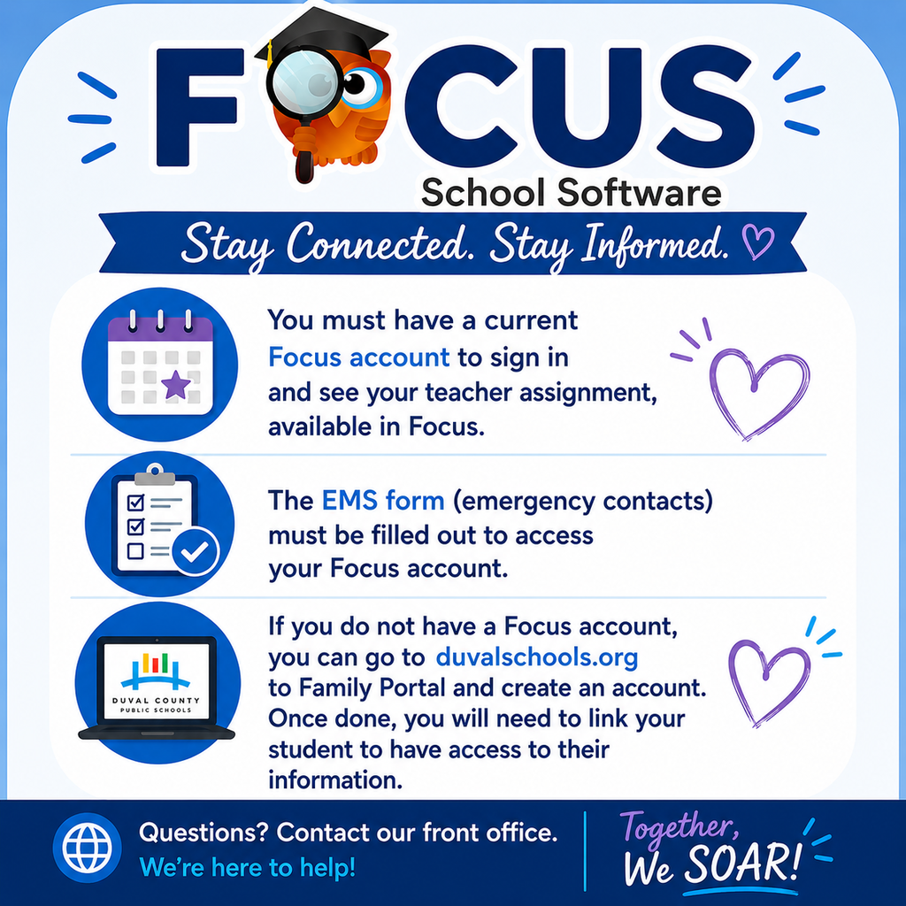 A blue, white, and lavender informational graphic about the Duval County Public Schools Focus Family Portal. The graphic explains that families must have an active Focus account to view their child's teacher assignment. It reminds families to complete the EMS (Emergency Contact) form to access their Focus account and instructs those without an account to visit duvalschools.org, select Family Portal, create an account, and link their student to access student information. The graphic includes the Focus School Software logo, icons representing a calendar, checklist, and computer, and a note encouraging families to contact the school front office if they need assistance.