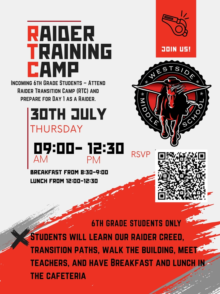 Flyer for Raider Training Camp on July 30, from 9:00 AM to 12:30 PM. QR code for RSVP. Breakfast and lunch included.