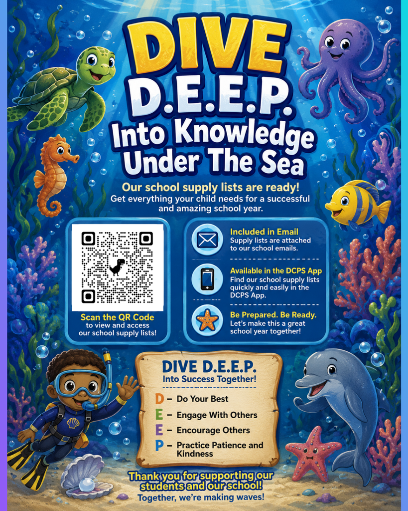 Ocean scene with sea creatures. Text reads "Dive D.E.E.P. Into Knowledge Under the Sea". QR code to scan.