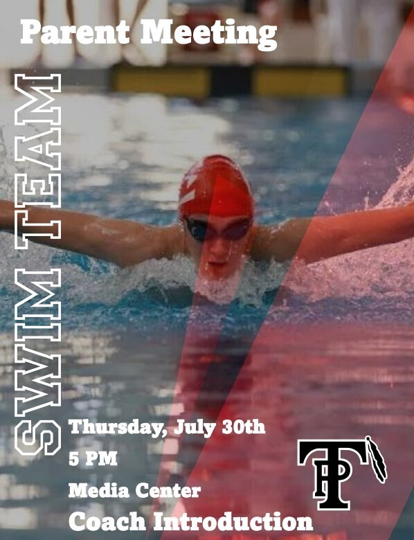 A swimmer in a red cap and goggles swims in a pool. Text overlay reads "Parent Meeting, Thursday, July 30th 5 PM, Media Center, Coach Introduction".
