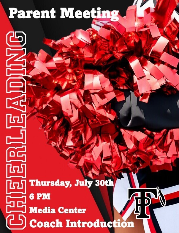 A flyer for a parent meeting on July 30th at 6 PM. The flyer has a red background with a red pompom in the foreground.