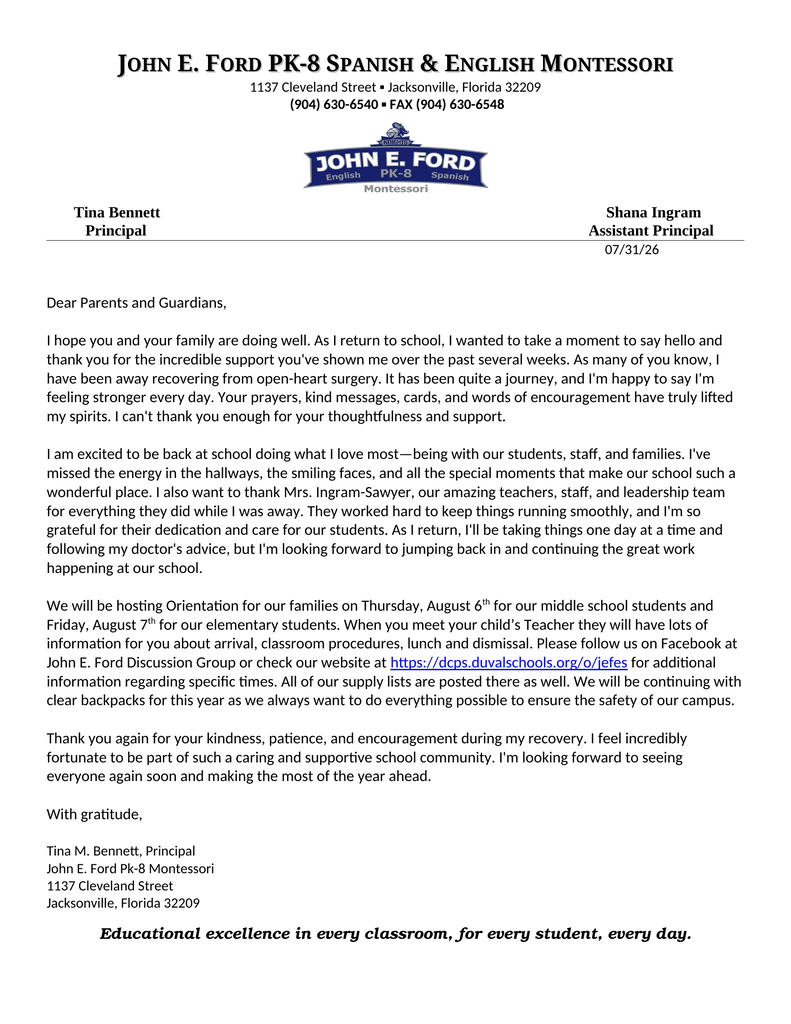 Letter to Parents