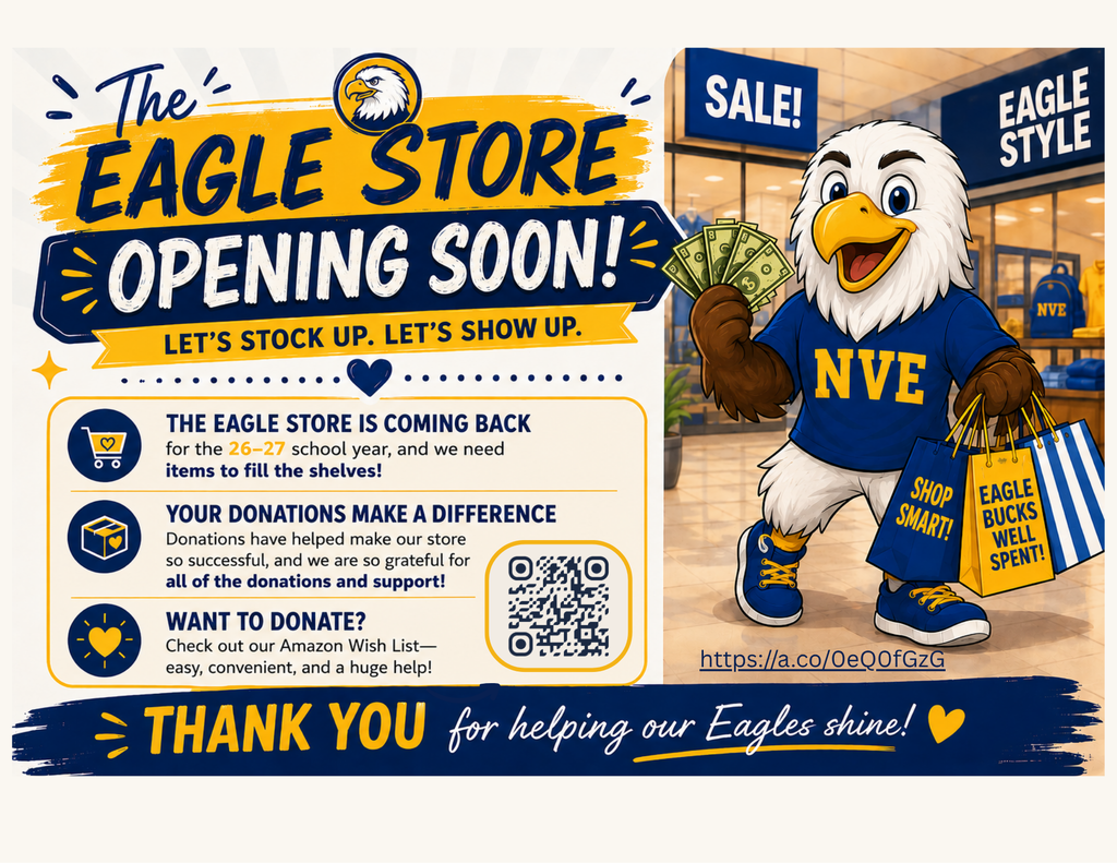 A poster featuring an eagle holding a shopping bag and money, text "The Eagle Store Opening Soon!" and a QR code.