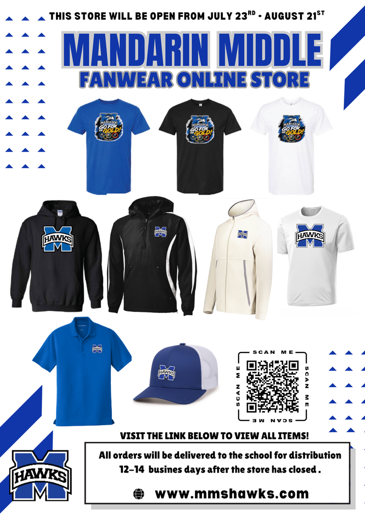 Various apparel items displayed include shirts, hoodies, a jacket, a hat, and a polo. QR code for website access.