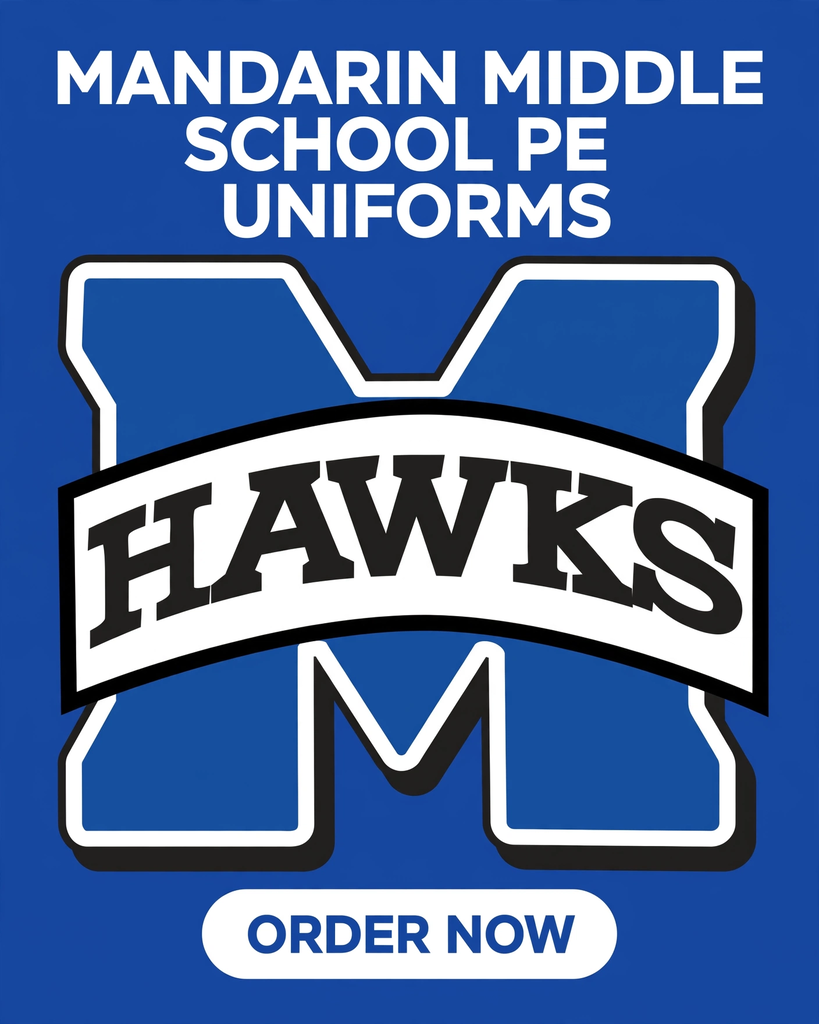 A blue backdrop displays the Hawks logo with the letters "M" on either side. Below it reads "HAWKS" in white font. Text reads "MANDARIN MIDDLE SCHOOL PE UNIFORMS".
