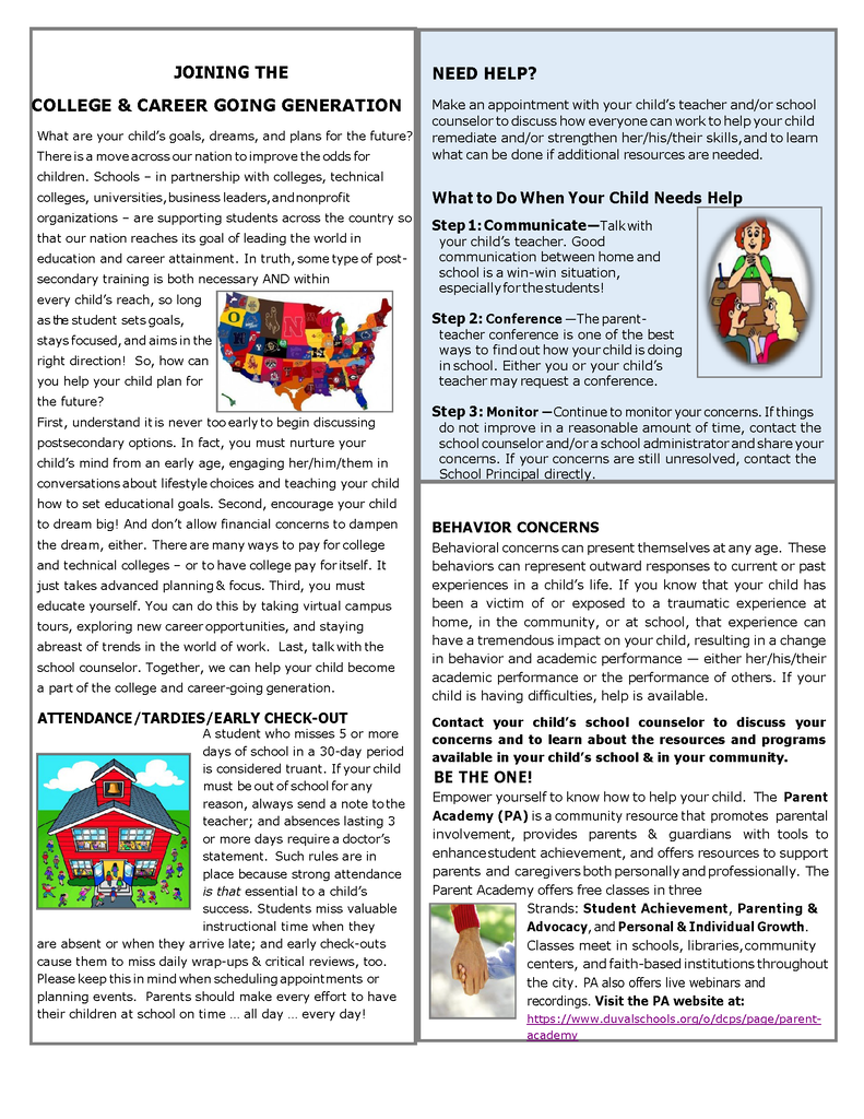 Document with text and images. Text discusses college and career planning, early check-outs, and behavioral concerns. Images include a map of the US, a school building, and a hand.