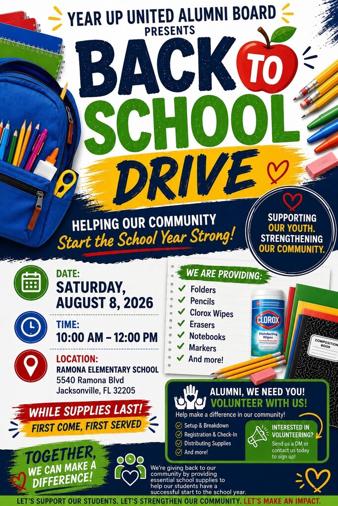A flyer shows a blue backpack with supplies, pencils, and a folder. It says "Back to School Drive" and provides dates, times, and a location.