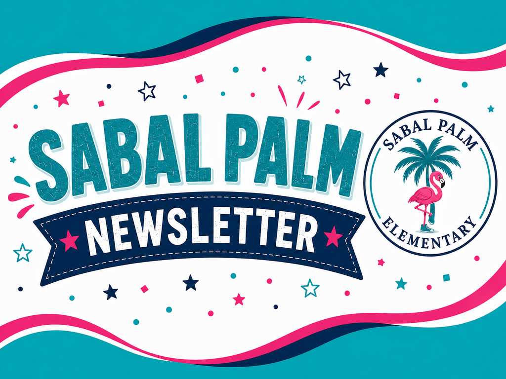 Logo for Sabal Palm Newsletter featuring blue, white, and pink colors with a flamingo icon, stars, and waves.