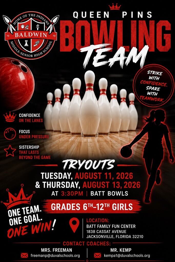 An event poster with a bowling team logo, pins, and a silhouette of a player. The text reads "Queen Pins Bowling Team Tryouts" and the date, location, and contact details are listed.