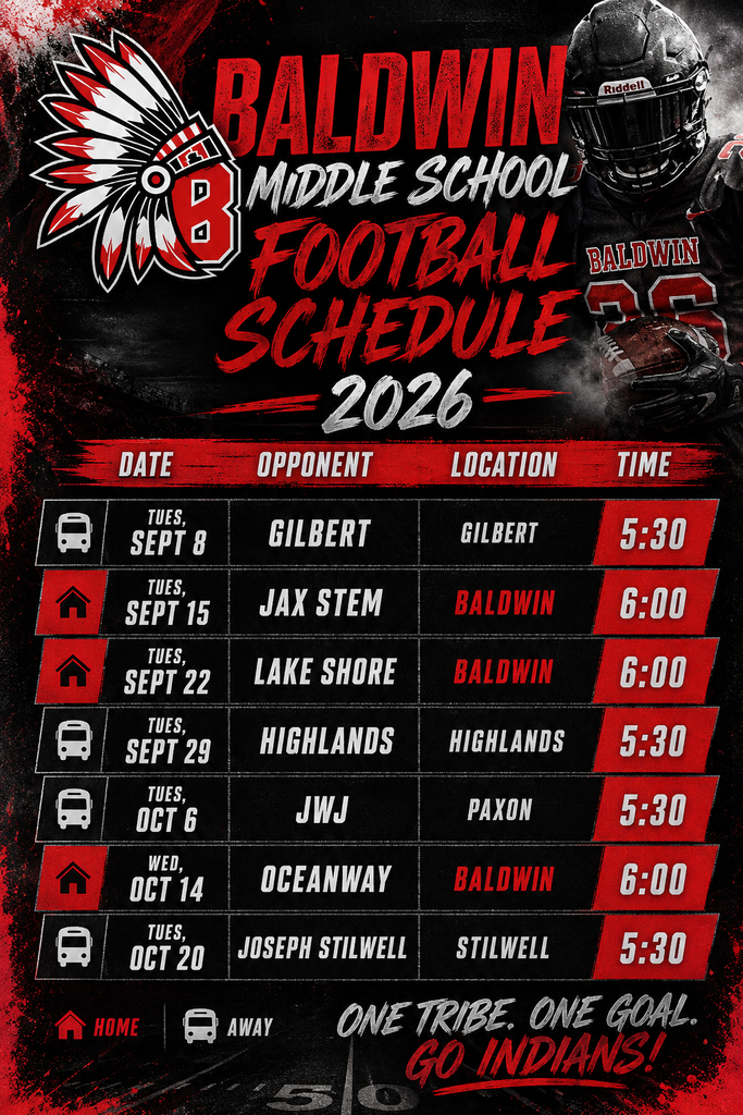 A football schedule poster with team logo, helmet, and player. Bold red text on black background. Team name, dates, opponents, locations, and times listed.