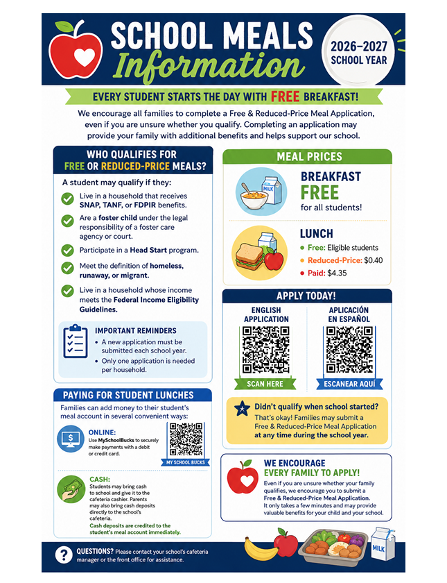 An infographic titled "School Meals Information" for the 2026-2027 school year. It includes details on free breakfast, meal prices, and eligibility criteria.